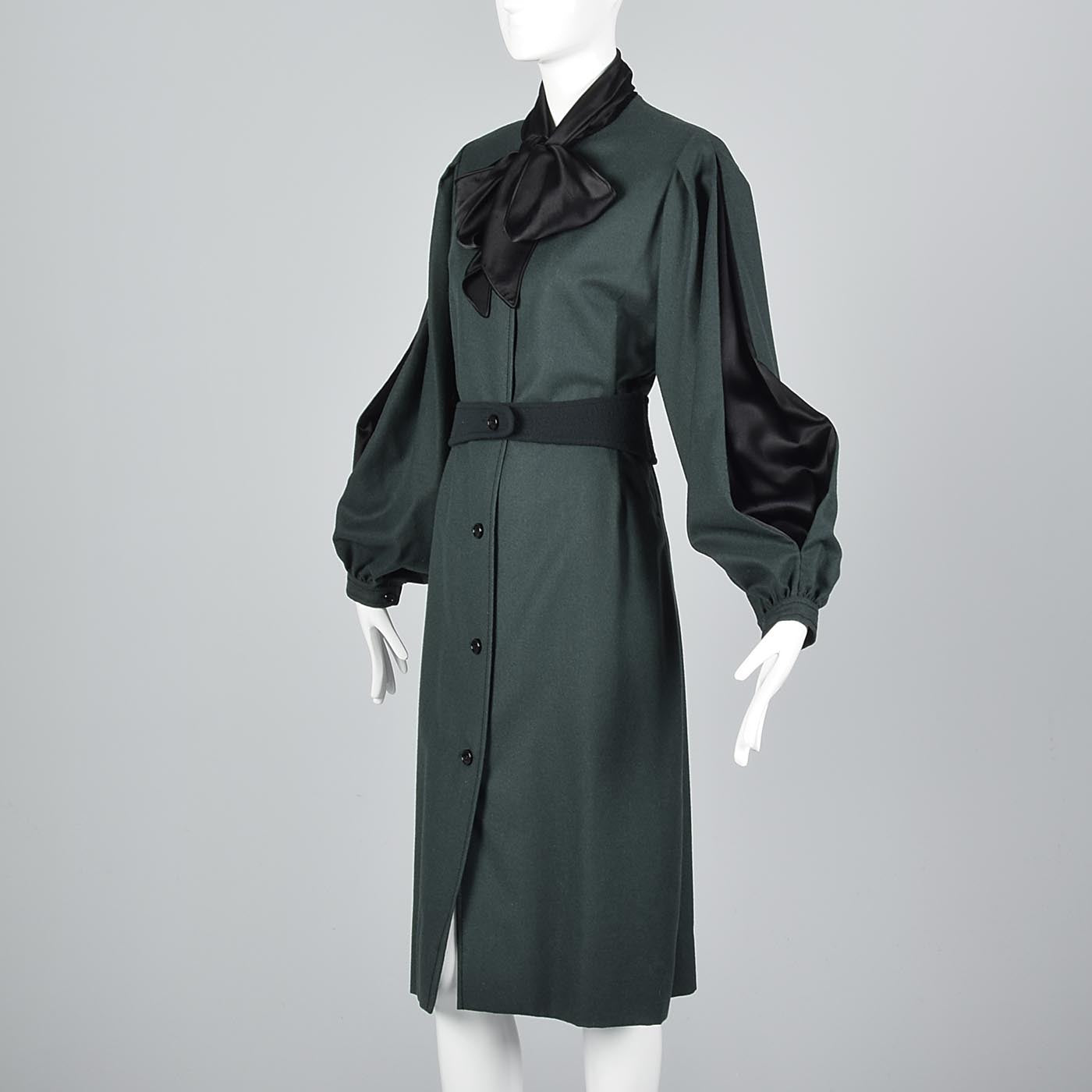 Elegant Galanos Green Wool Dress with Huge Bishop Sleeves
