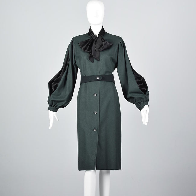 Elegant Galanos Green Wool Dress with Huge Bishop Sleeves