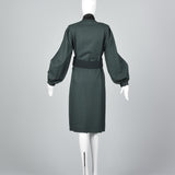 Elegant Galanos Green Wool Dress with Huge Bishop Sleeves