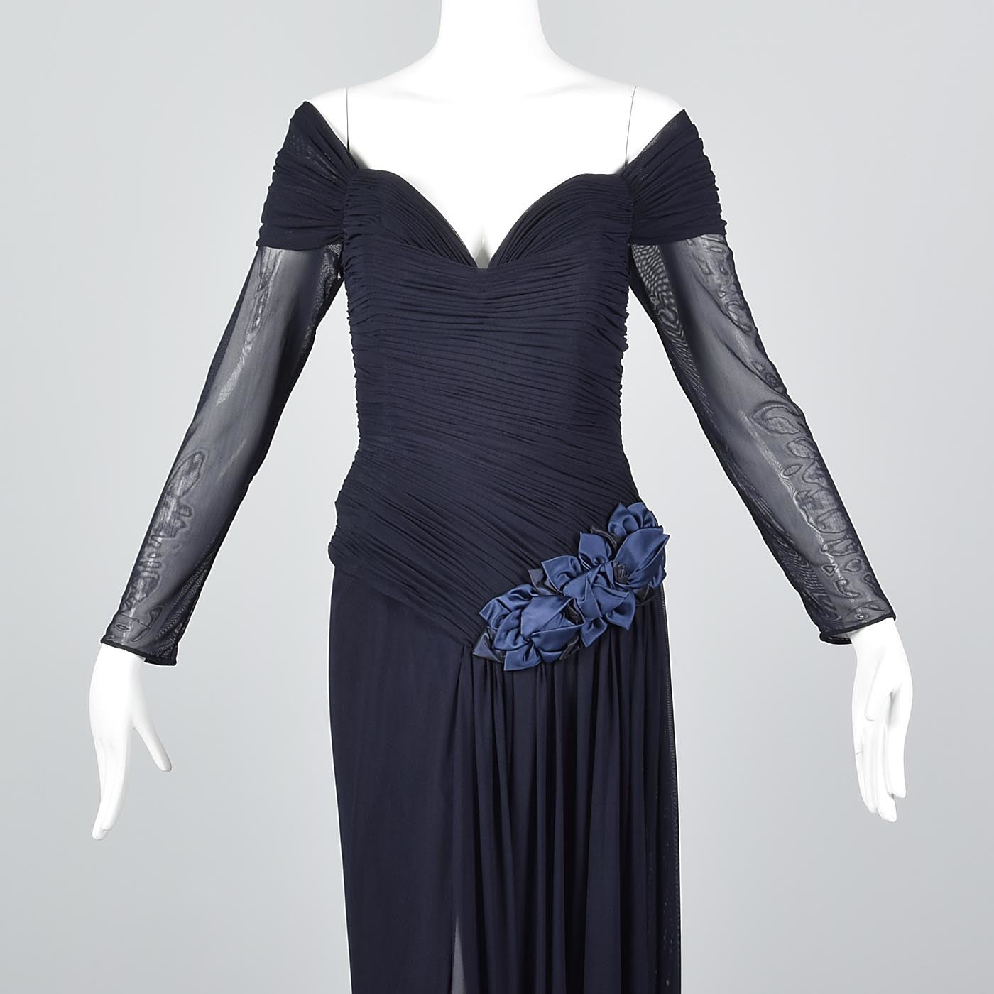 Vicky Tiel Couture Off Shoulder Formal Gown  in Navy Blue Mesh