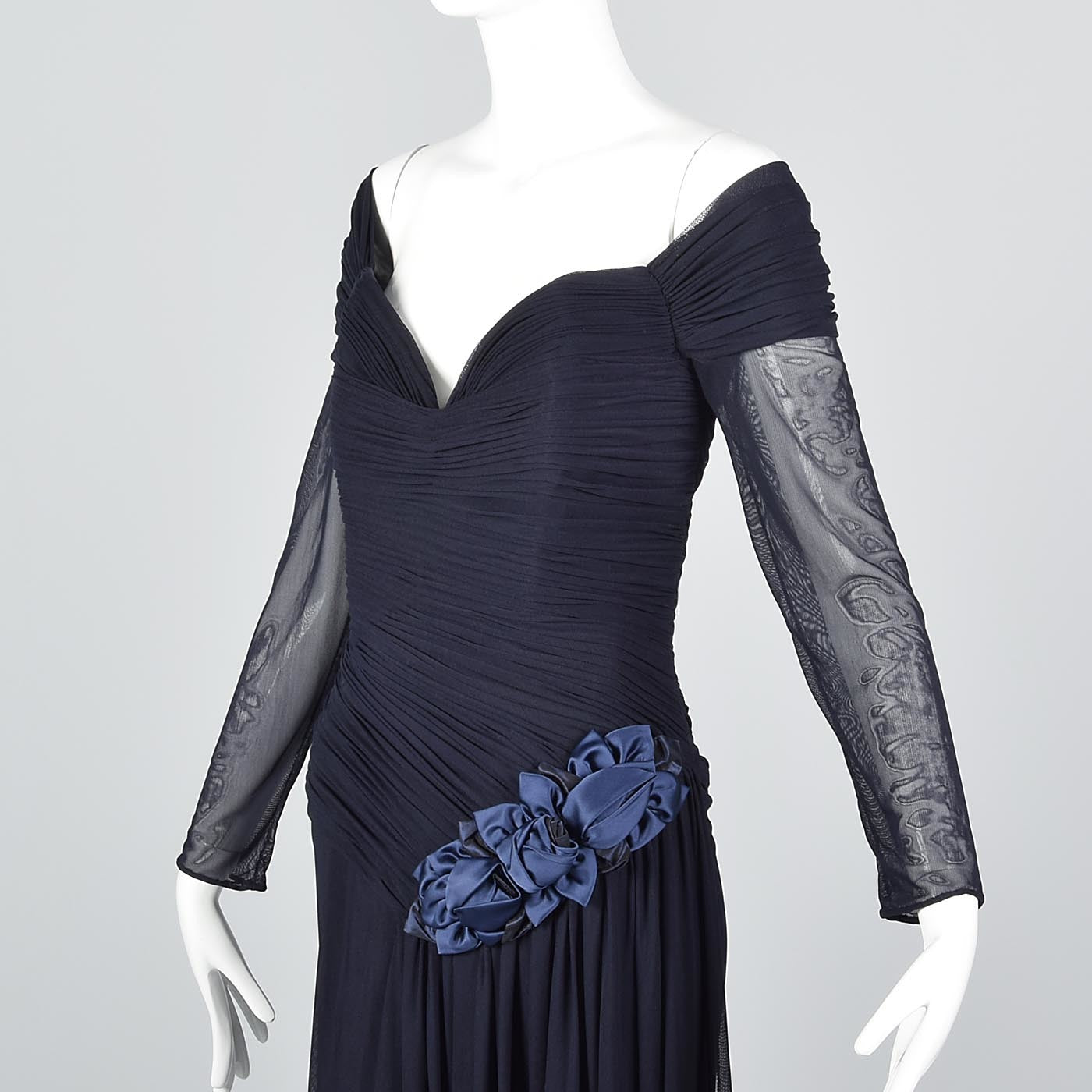 Vicky Tiel Couture Off Shoulder Formal Gown  in Navy Blue Mesh