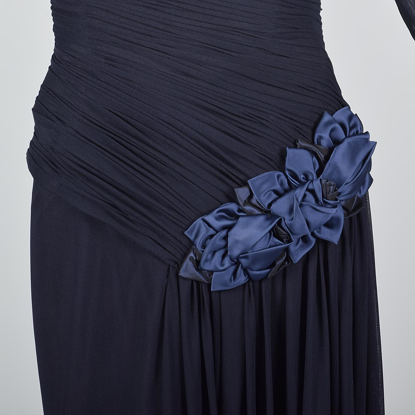 Vicky Tiel Couture Off Shoulder Formal Gown  in Navy Blue Mesh