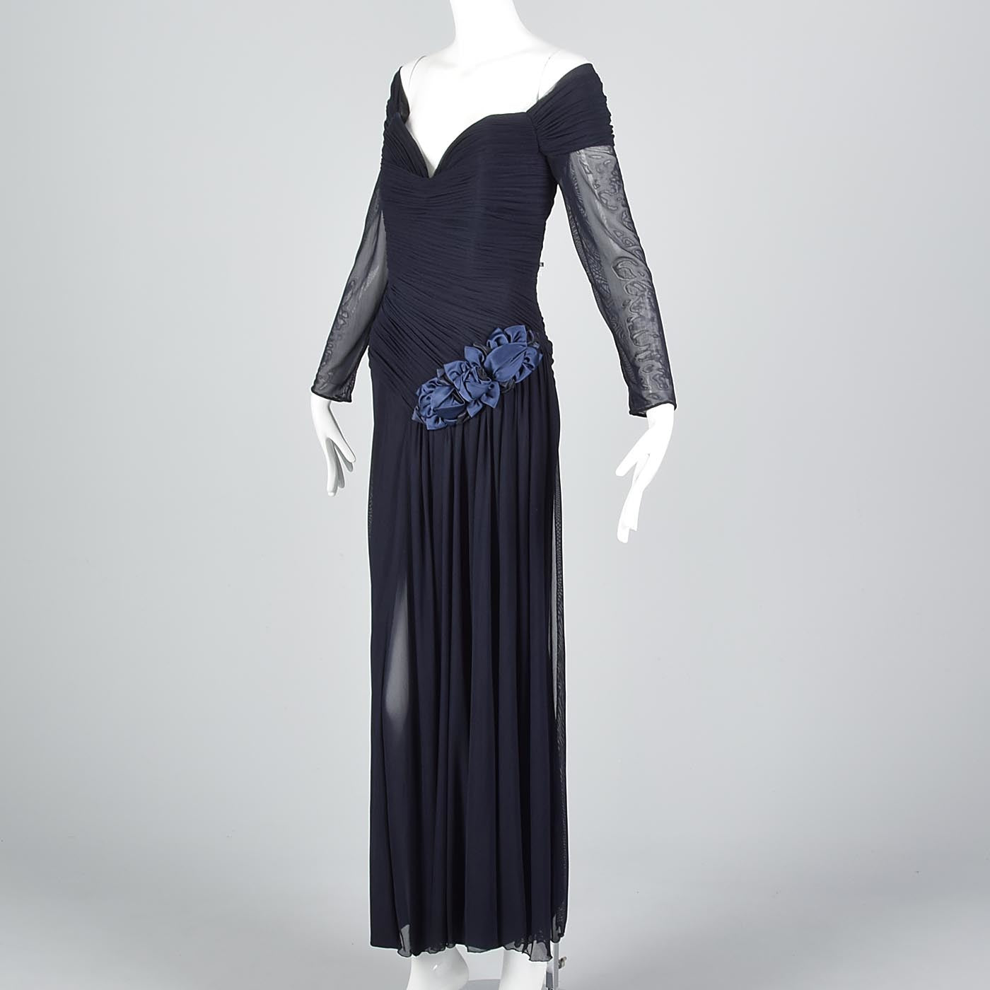 Vicky Tiel Couture Off Shoulder Formal Gown  in Navy Blue Mesh