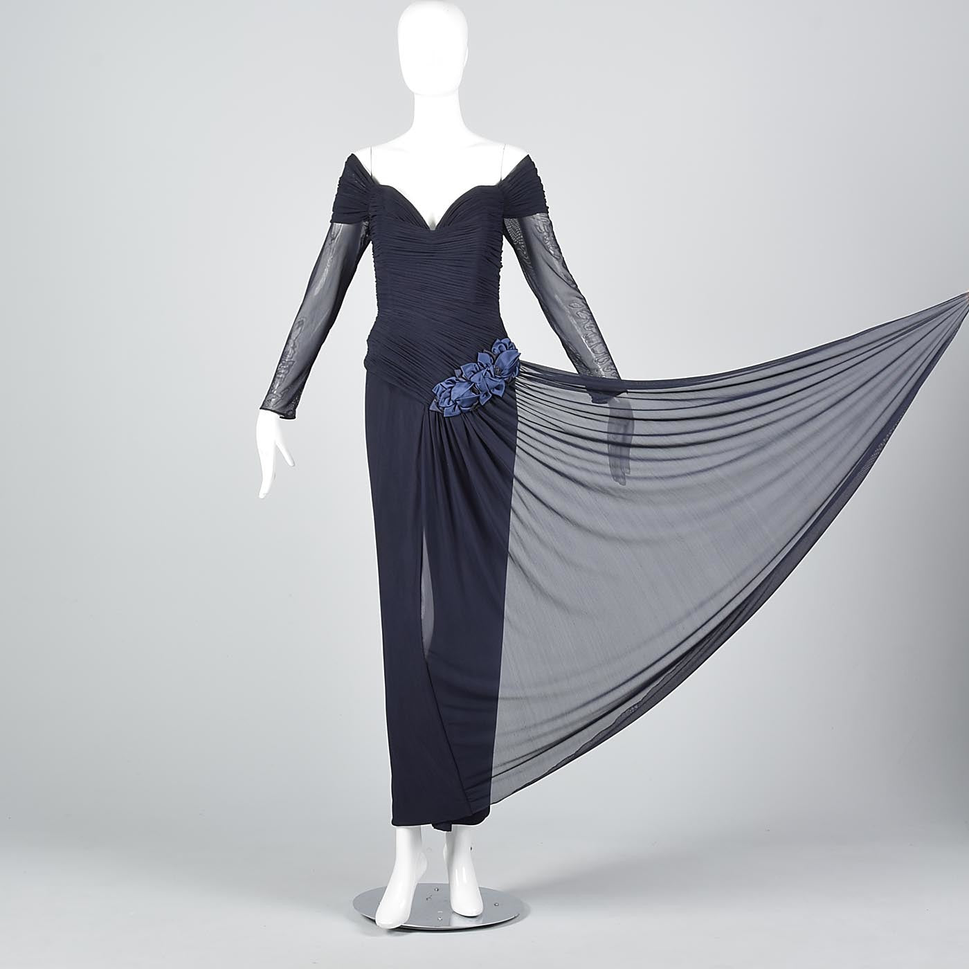 Vicky Tiel Couture Off Shoulder Formal Gown  in Navy Blue Mesh