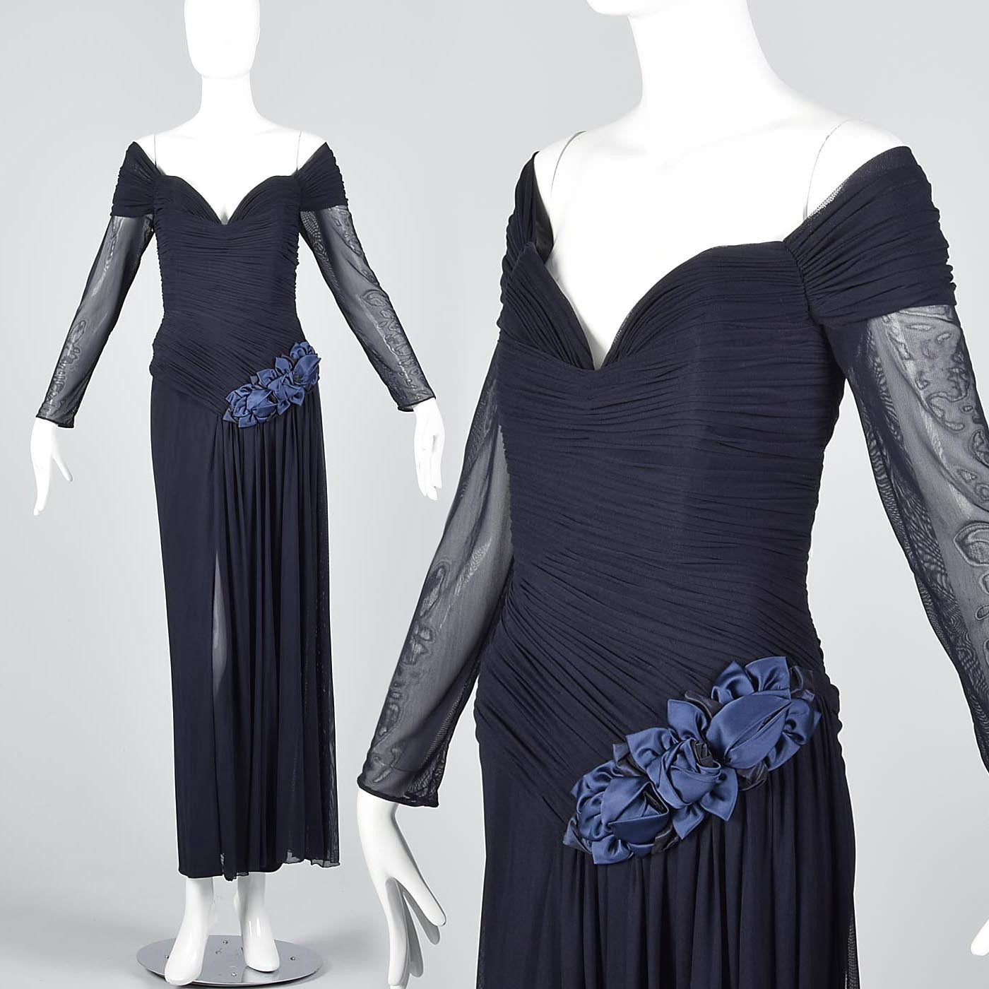 Vicky Tiel Couture Off Shoulder Formal Gown  in Navy Blue Mesh