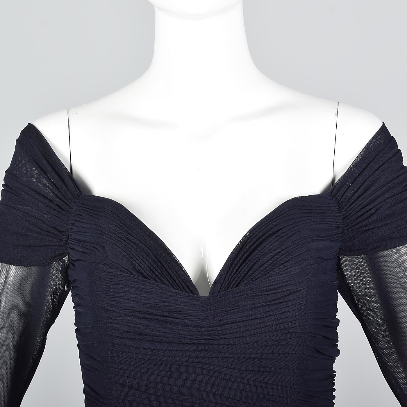 Vicky Tiel Couture Off Shoulder Formal Gown  in Navy Blue Mesh