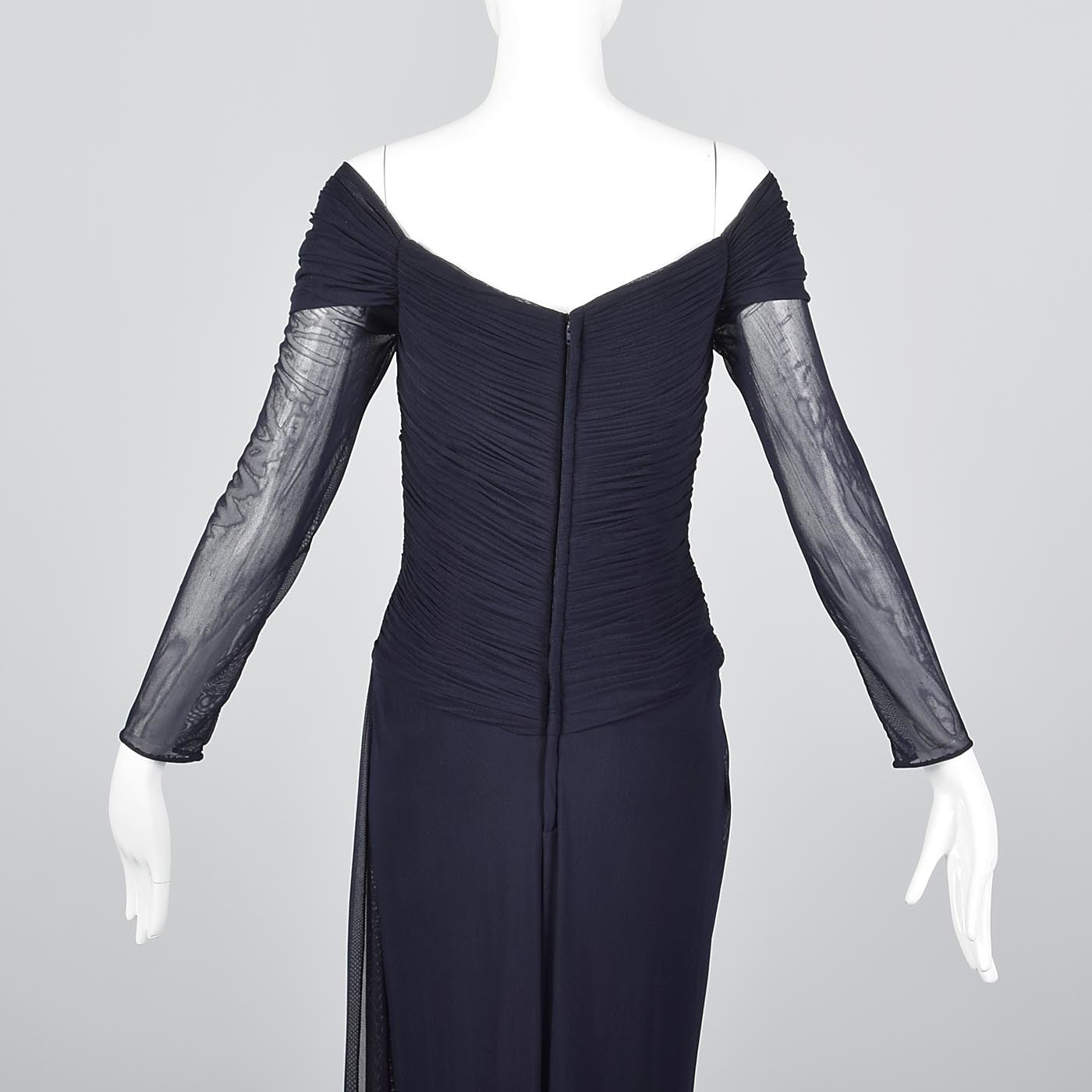 Vicky Tiel Couture Off Shoulder Formal Gown  in Navy Blue Mesh