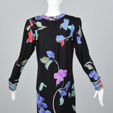 1980s Leonard Paris Black Floral Silk Jersey Dress