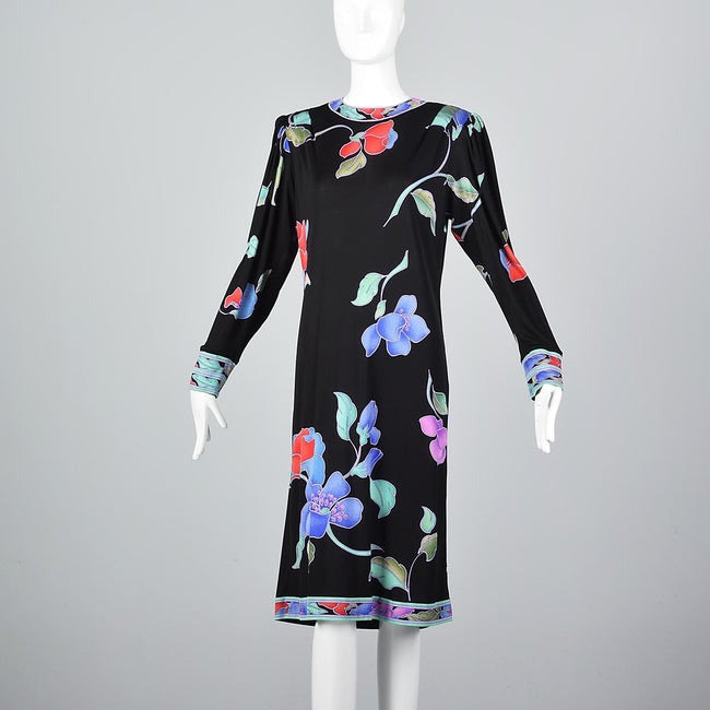 1980s Leonard Paris Black Floral Silk Jersey Dress