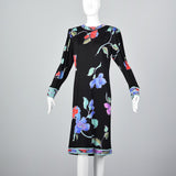 1980s Leonard Paris Black Floral Silk Jersey Dress