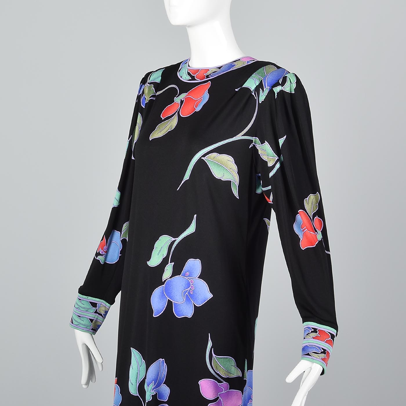 1980s Leonard Paris Black Floral Silk Jersey Dress