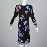 1980s Leonard Paris Black Floral Silk Jersey Dress