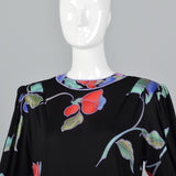 1980s Leonard Paris Black Floral Silk Jersey Dress