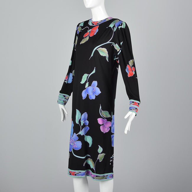 1980s Leonard Paris Black Floral Silk Jersey Dress