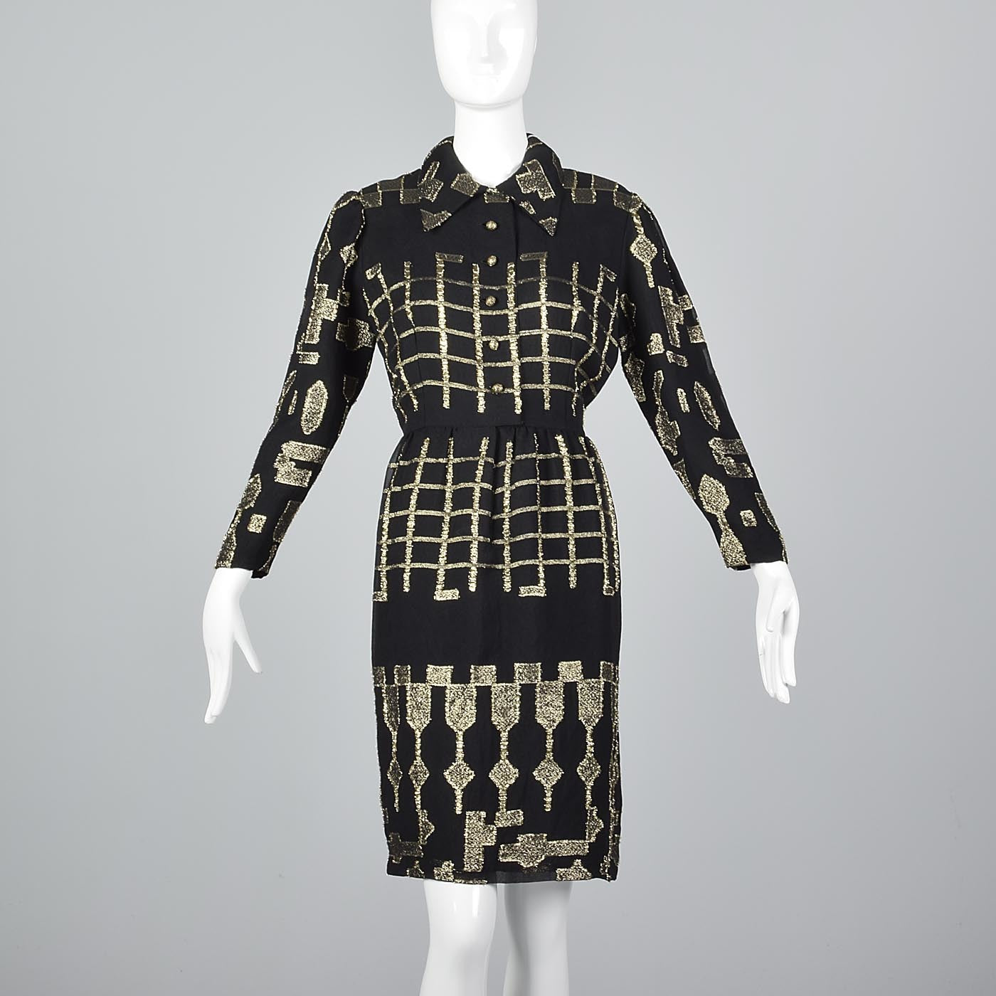 Oscar de la Renta Geometric Black & Gold Silk Dress