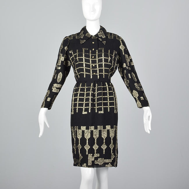 Oscar de la Renta Geometric Black & Gold Silk Dress