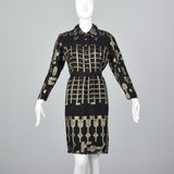 Oscar de la Renta Geometric Black & Gold Silk Dress