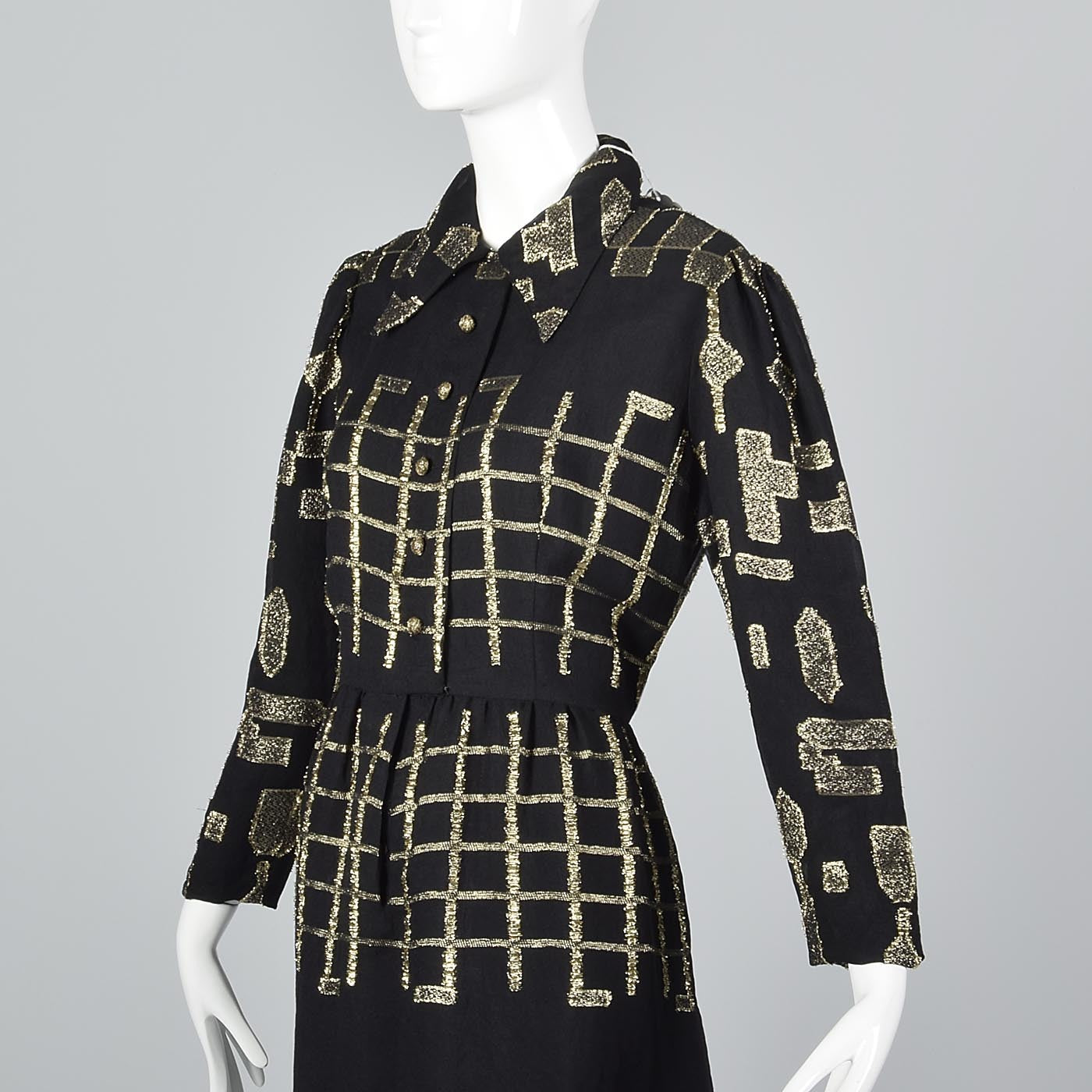 Oscar de la Renta Geometric Black & Gold Silk Dress