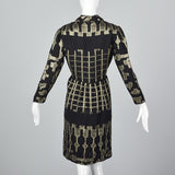 Oscar de la Renta Geometric Black & Gold Silk Dress
