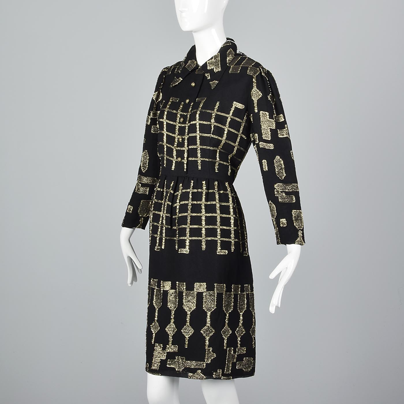Oscar de la Renta Geometric Black & Gold Silk Dress