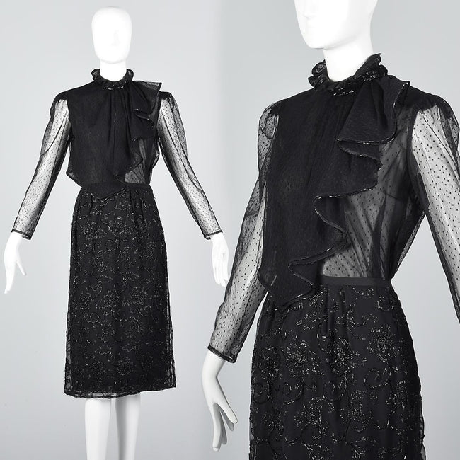 Giorgio Sant'Angelo Separates, Black Beaded Skirt & Sheer Asymmetric Ruffle Blouse