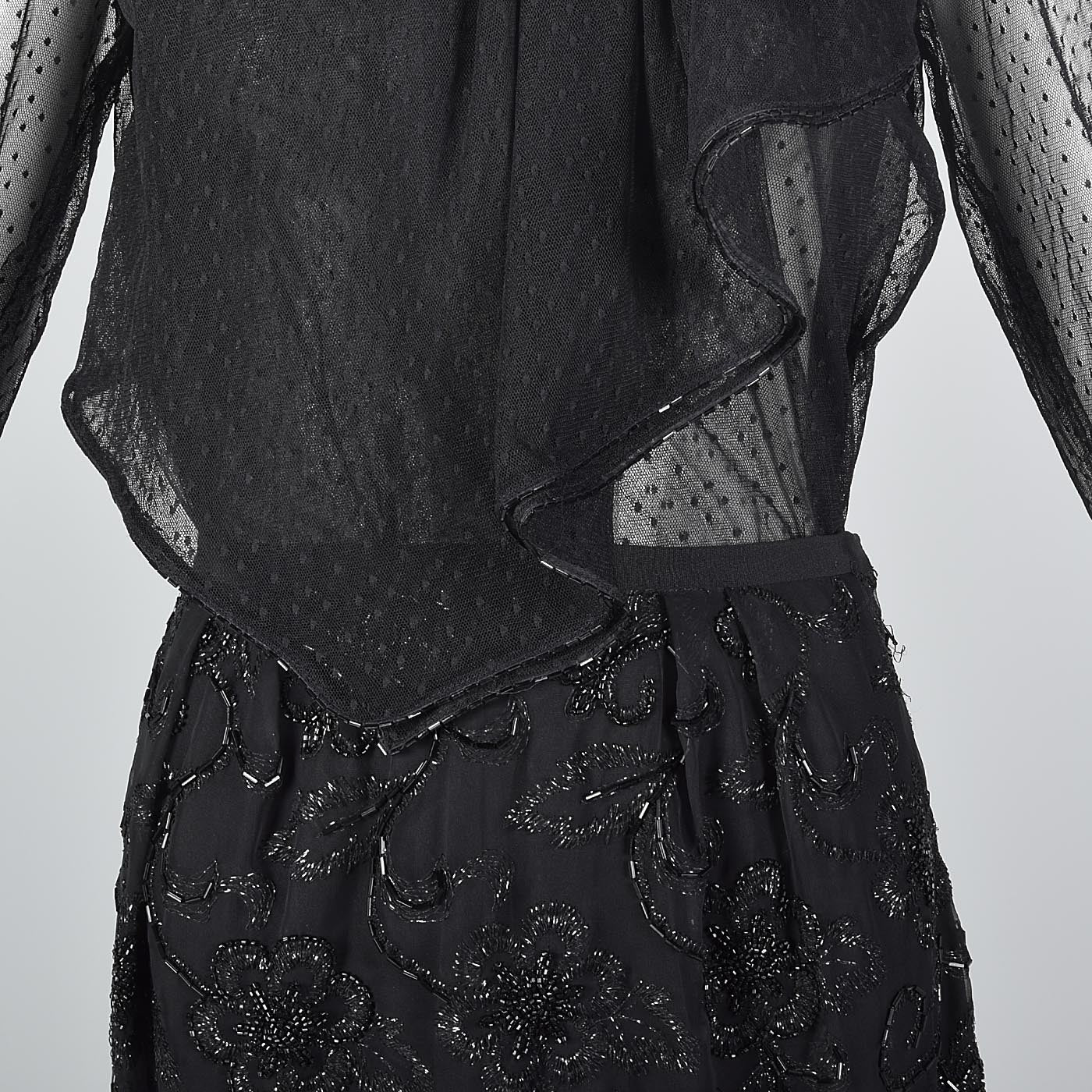 Giorgio Sant'Angelo Separates, Black Beaded Skirt & Sheer Asymmetric Ruffle Blouse