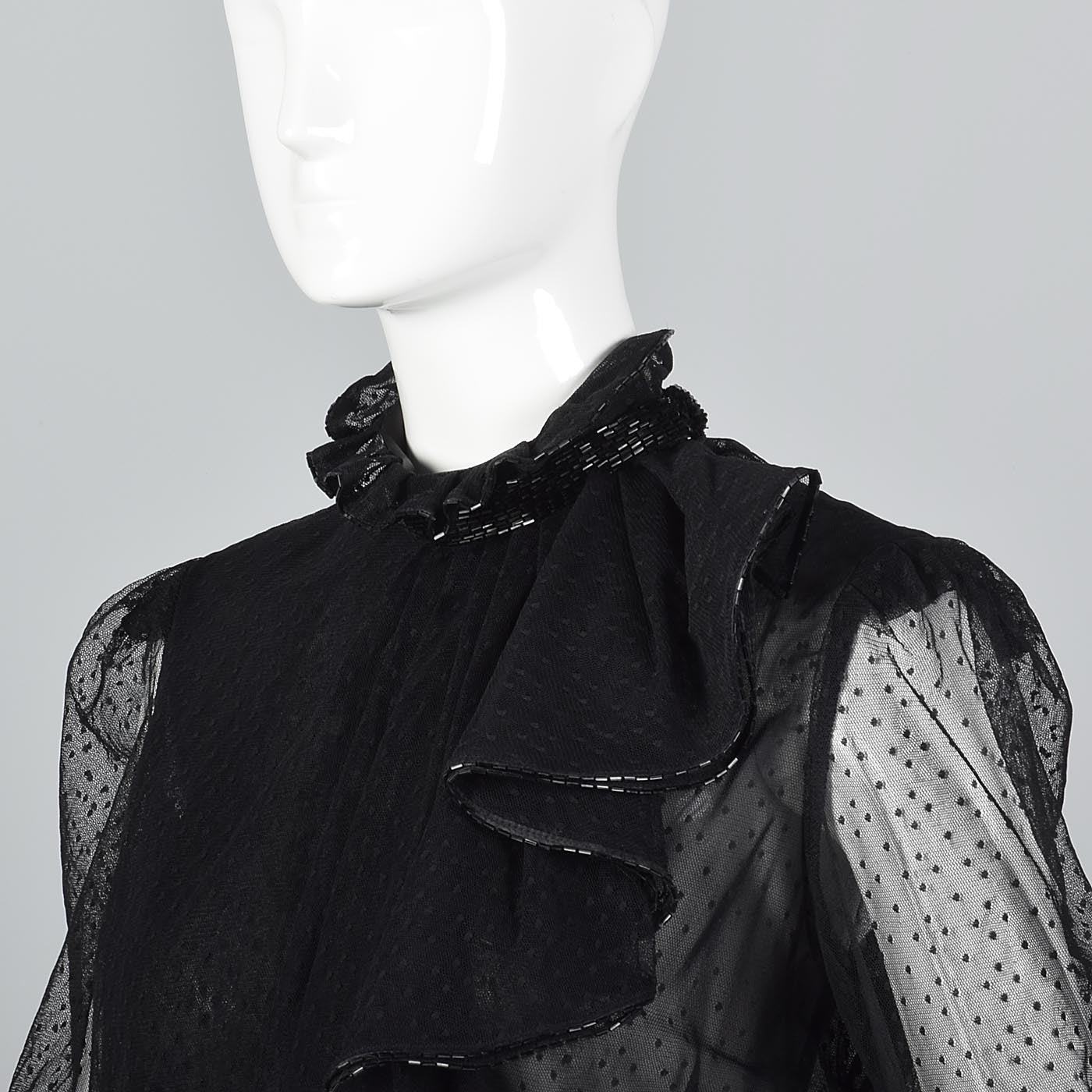 Giorgio Sant'Angelo Separates, Black Beaded Skirt & Sheer Asymmetric Ruffle Blouse