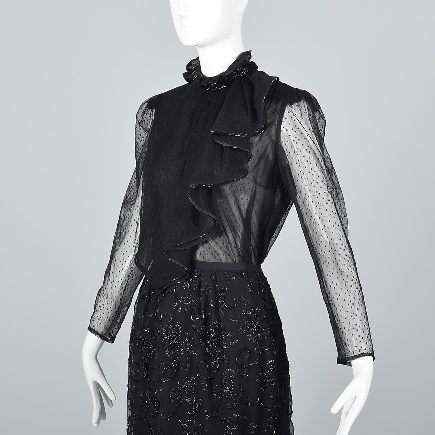 Giorgio Sant'Angelo Separates, Black Beaded Skirt & Sheer Asymmetric Ruffle Blouse