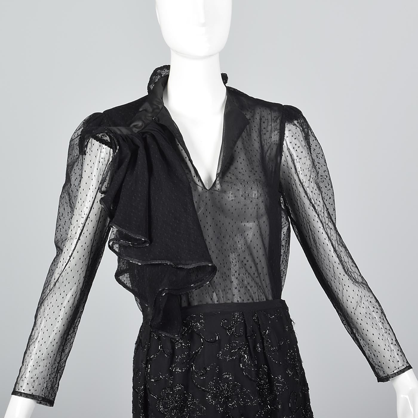 Giorgio Sant'Angelo Separates, Black Beaded Skirt & Sheer Asymmetric Ruffle Blouse