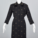 1940s Black Wool Dress with Polkadots and Velvet Accents