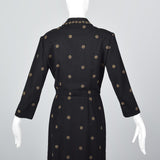 1940s Black Wool Dress with Polkadots and Velvet Accents