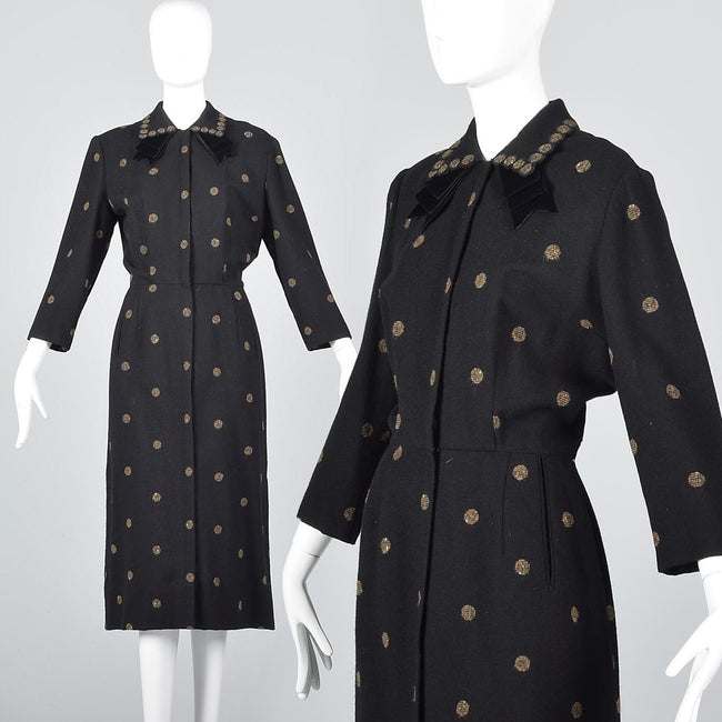 1940s Black Wool Dress with Polkadots and Velvet Accents