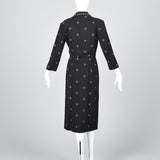 1940s Black Wool Dress with Polkadots and Velvet Accents