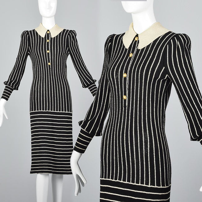 1970s Adolfo Long Sleeve Striped Knit Dress