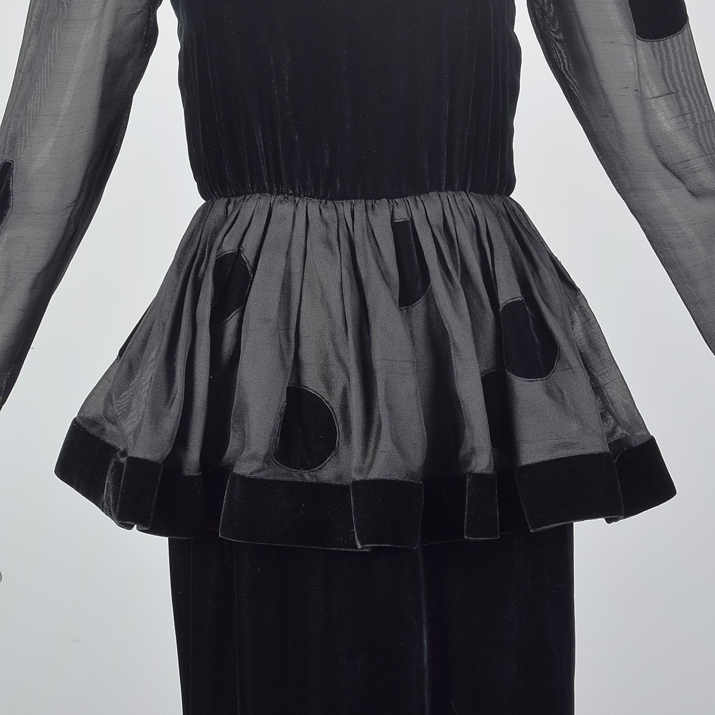 1980s Bill Blass Black Velvet Polka Dot Evening Gown with Peplum Waist