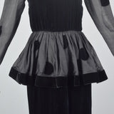 1980s Bill Blass Black Velvet Polka Dot Evening Gown with Peplum Waist