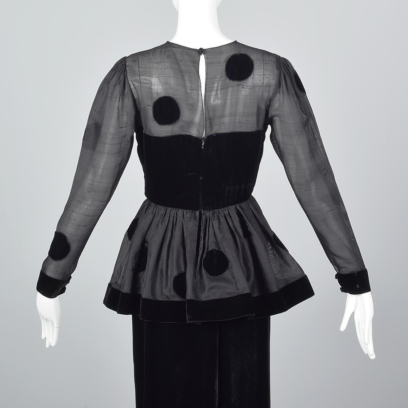 1980s Bill Blass Black Velvet Polka Dot Evening Gown with Peplum Waist