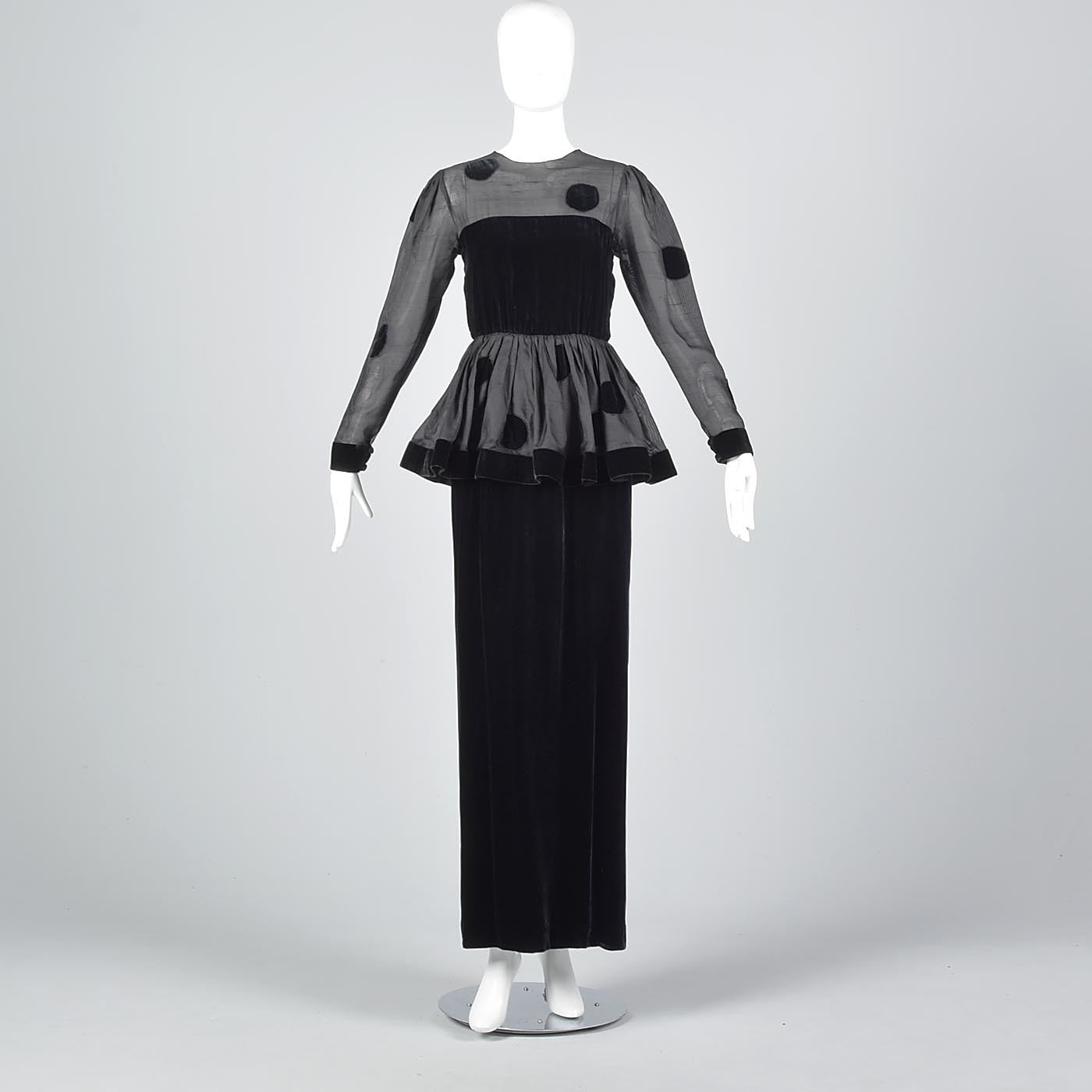1980s Bill Blass Black Velvet Polka Dot Evening Gown with Peplum Waist
