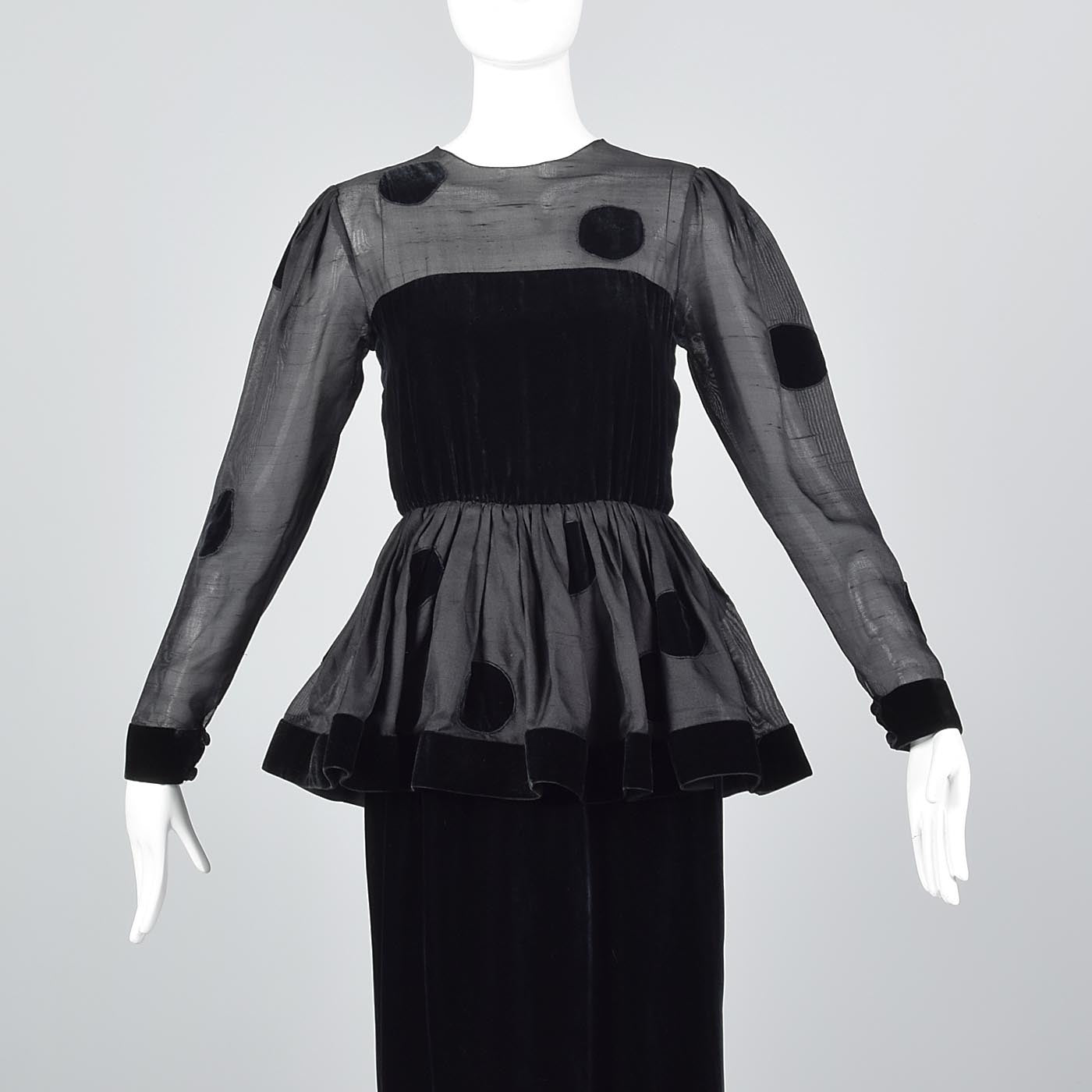 1980s Bill Blass Black Velvet Polka Dot Evening Gown with Peplum Waist