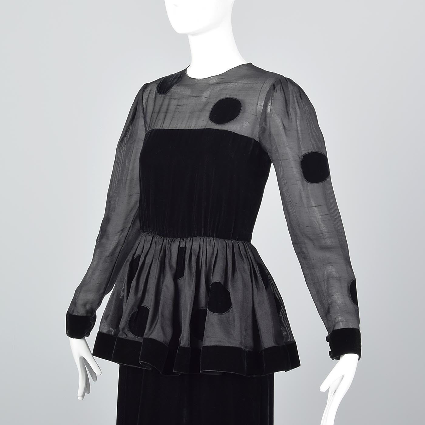 1980s Bill Blass Black Velvet Polka Dot Evening Gown with Peplum Waist