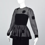 1980s Bill Blass Black Velvet Polka Dot Evening Gown with Peplum Waist