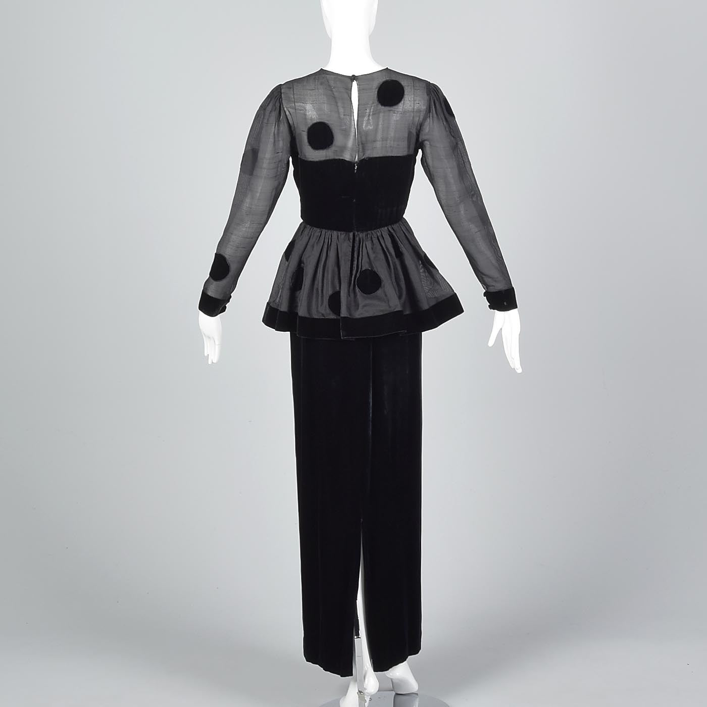 1980s Bill Blass Black Velvet Polka Dot Evening Gown with Peplum Waist