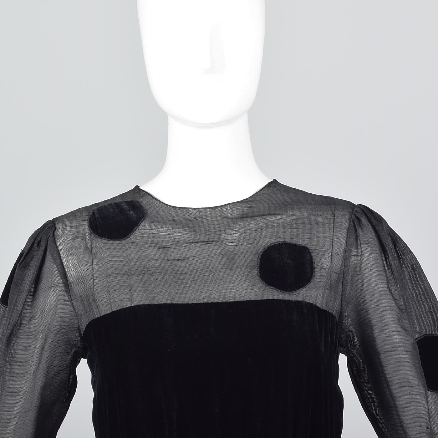 1980s Bill Blass Black Velvet Polka Dot Evening Gown with Peplum Waist