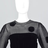 1980s Bill Blass Black Velvet Polka Dot Evening Gown with Peplum Waist