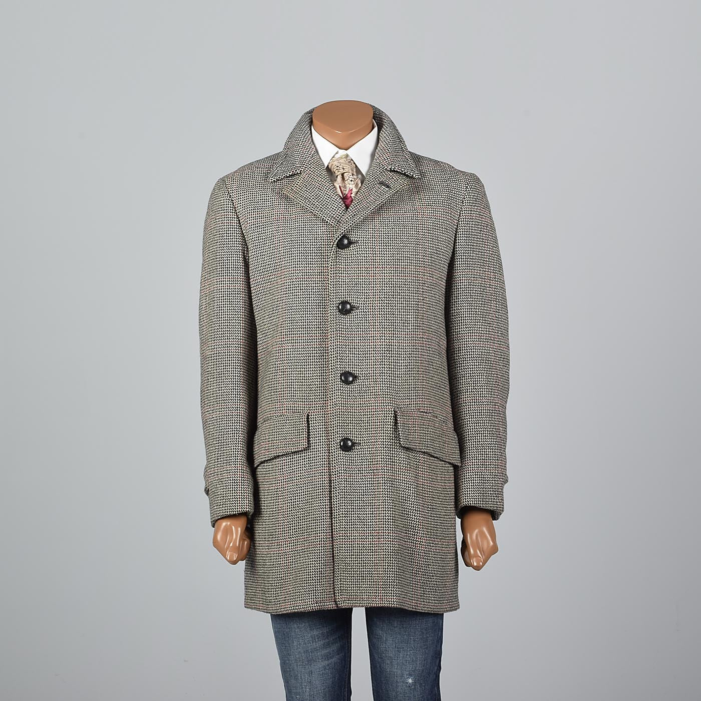 1970s Mens Tweed Coat in Windowpane Plaid
