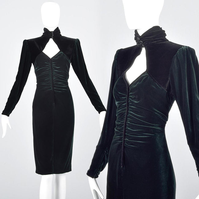 1980s Emmanuel Ungaro Parallele Green Velvet Dress with Keyhole Bust