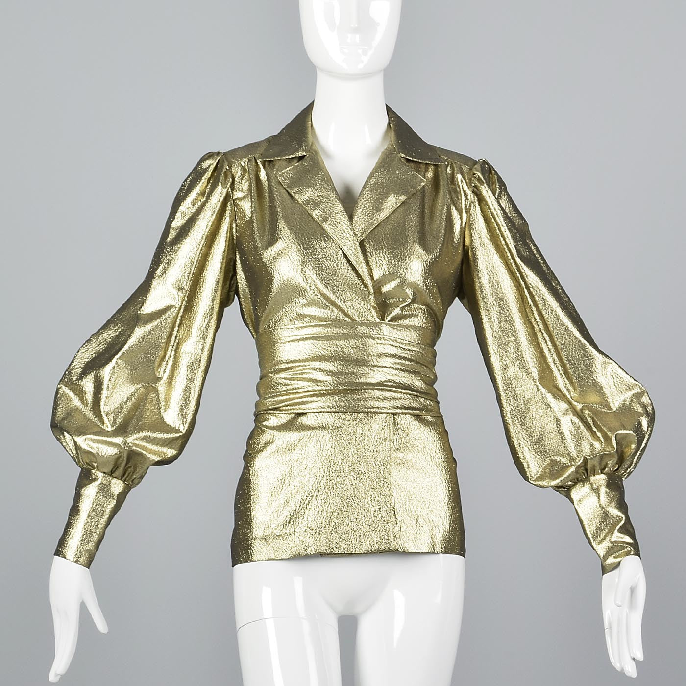 1970s Mollie Parnis Gold Lamé Blouse with Bishop Sleeves