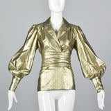 1970s Mollie Parnis Gold Lamé Blouse with Bishop Sleeves