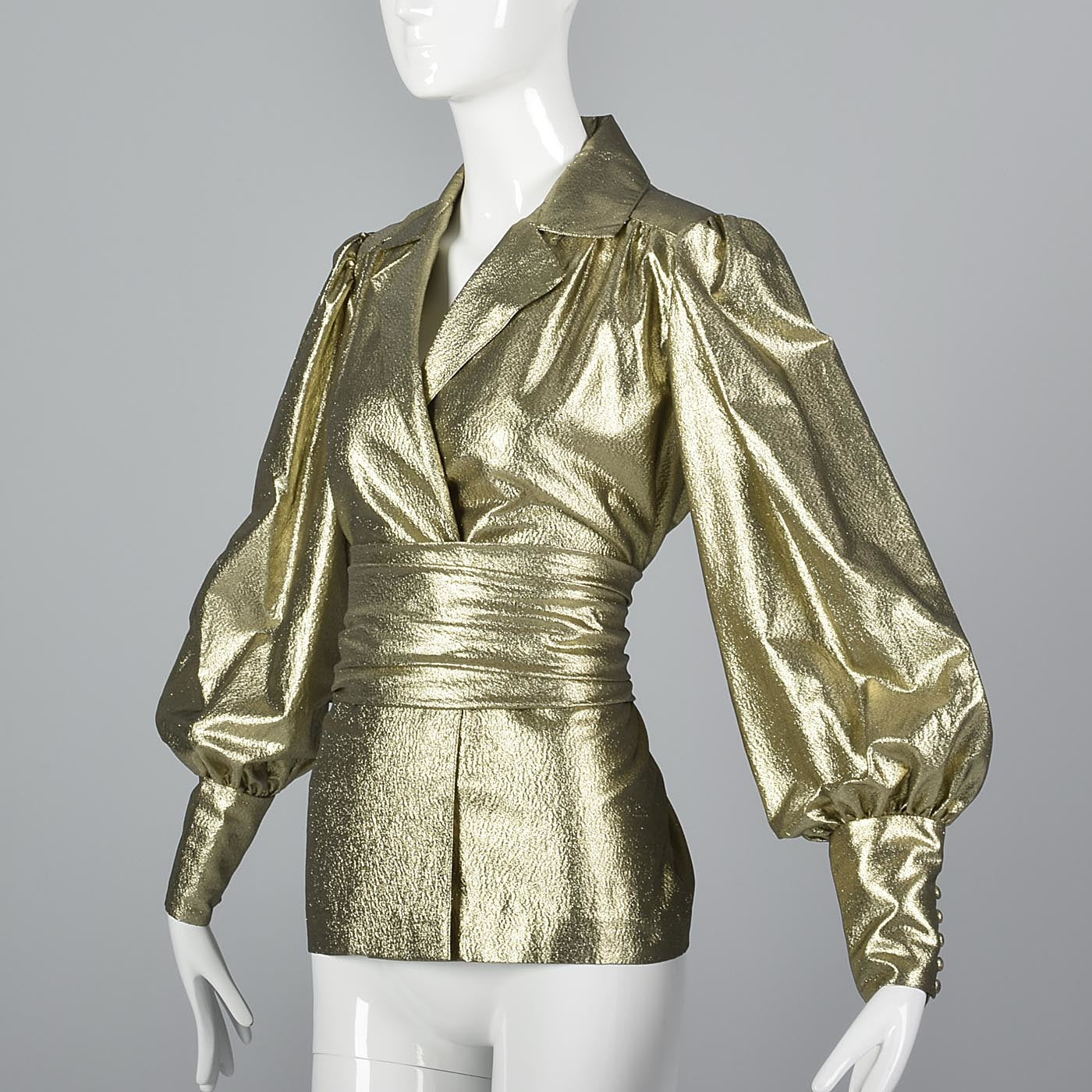 1970s Mollie Parnis Gold Lamé Blouse with Bishop Sleeves