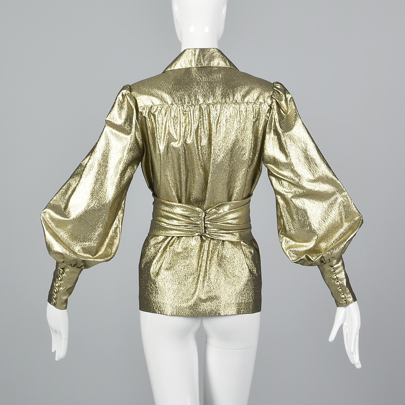 1970s Mollie Parnis Gold Lamé Blouse with Bishop Sleeves